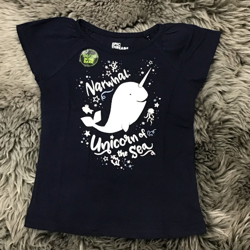 Epic Threads | Girl's Glow In The Dark T-Shirt | Narwhal | Blue | Various Sizes